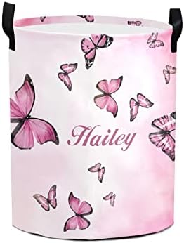 Pink Butterflies Personalized Waterproof Foldable Laundry Basket Bag with Handle