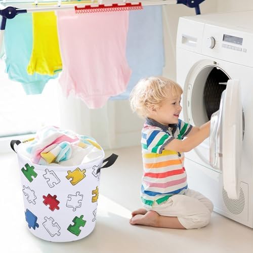 Bright Jigsaw Puzzle Pieces Laundry Hamper Waterproof Clothes Basket with Easy Carry Handles