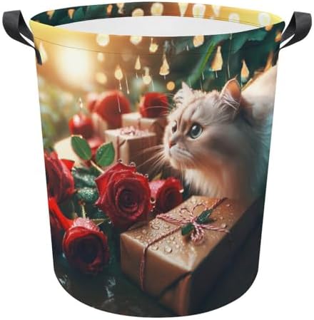 Waterproof and Cute Rose Raindrops Kittens Laundry Hamper with Easy Carry Handles