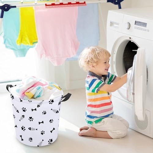 MEIKKO Animals Paws Fishbone Laundry Basket Collapsible and Waterproof