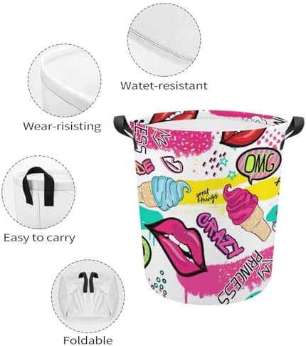 MEIKKO Cute Lips Stickers Laundry Hamper with Handles