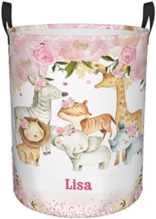 Custom Giraffe Lion Pink Flower Blanket Name Laundry Basket