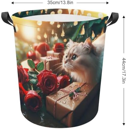 Waterproof and Cute Rose Raindrops Kittens Laundry Hamper with Easy Carry Handles