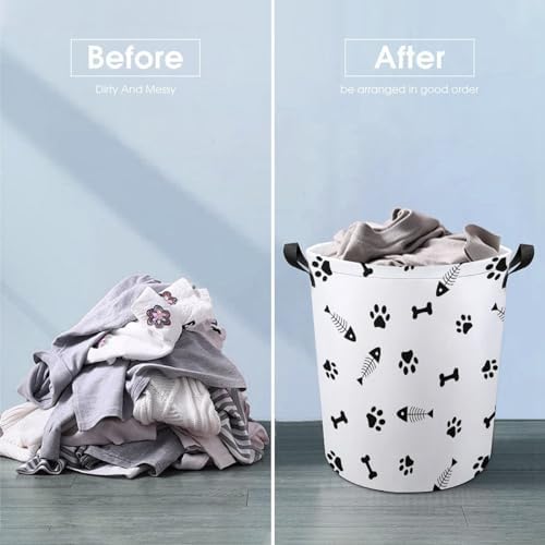 MEIKKO Animals Paws Fishbone Laundry Basket Collapsible and Waterproof
