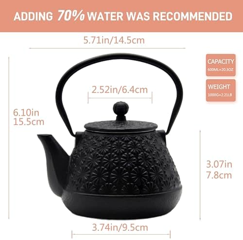 203oz Small Cast Iron Tea Kettle Sechudo Black Gerbera Pattern