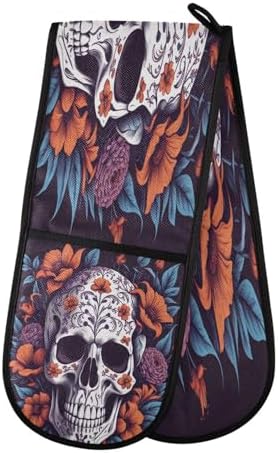 Halloween Floral Skull Skeleton Oven Mitts Heat Resistant Quteprint 35x7 inches