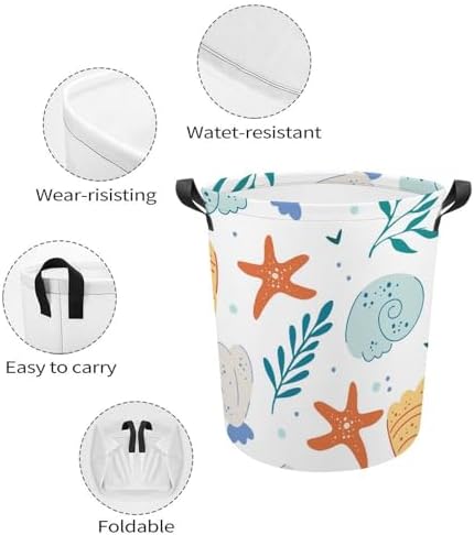 MEIKKO Sea Shells And Starfish Laundry Basket Waterproof Foldable with Handles
