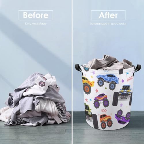 Cartoon Monster Trucks Extreme Racing Waterproof Laundry Hamper