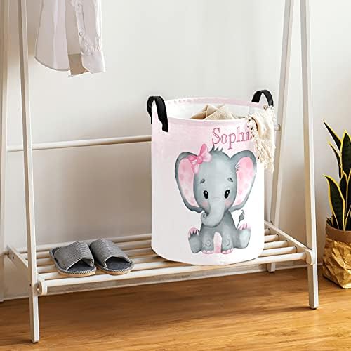 Cute Elephant Gradient Large Laundry Basket Custom Name Foldable Clothes Bag