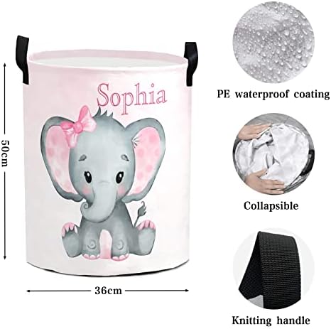 Cute Elephant Gradient Large Laundry Basket Custom Name Foldable Clothes Bag