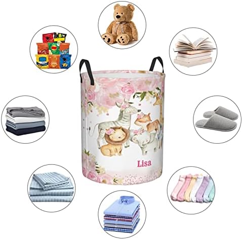 Custom Giraffe Lion Pink Flower Blanket Name Laundry Basket
