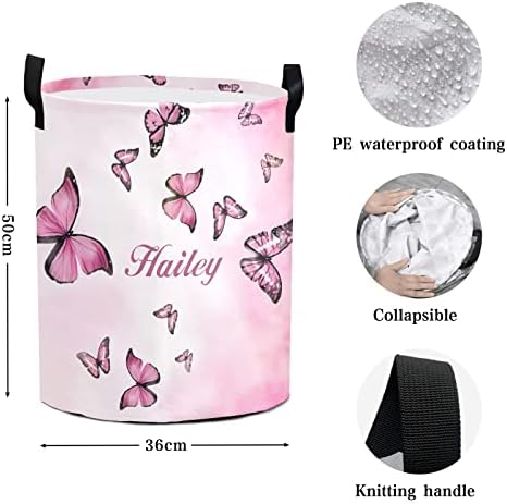 Pink Butterflies Personalized Waterproof Foldable Laundry Basket Bag with Handle