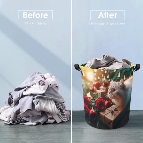 Waterproof and Cute Rose Raindrops Kittens Laundry Hamper with Easy Carry Handles
