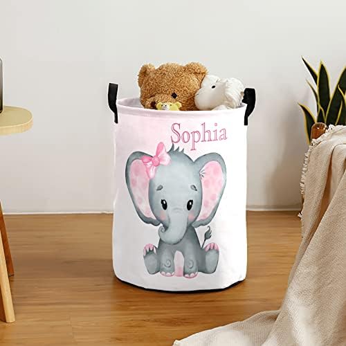 Cute Elephant Gradient Large Laundry Basket Custom Name Foldable Clothes Bag