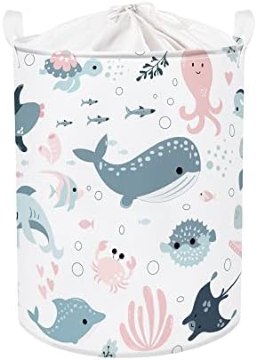 Clastyle Marine Animals Bubbles Kid Laundry Basket with Lid Foldable Pink Mermaid