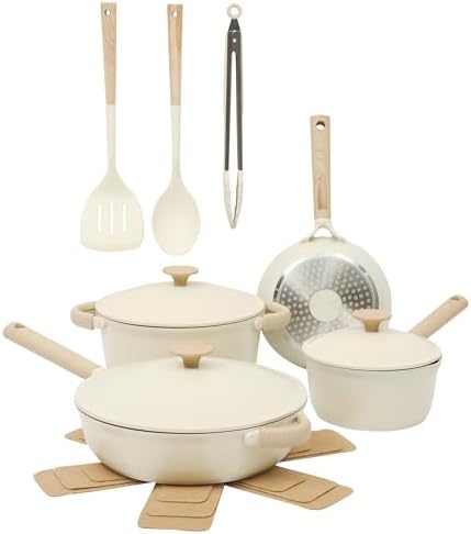 Gibson Elite Folkstone Ceramics 13-Piece Cookware Set WInduction Safe Linear White Handle
