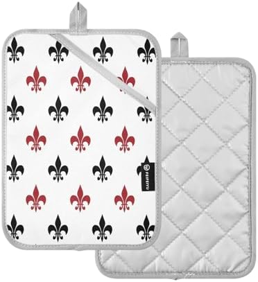 Kcldeci Fleur De Lis Red Black French Damask Oven Mitts 2Pack