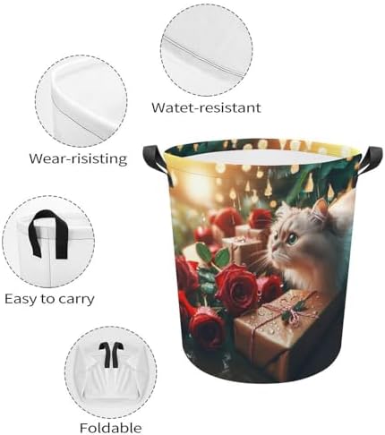Waterproof and Cute Rose Raindrops Kittens Laundry Hamper with Easy Carry Handles