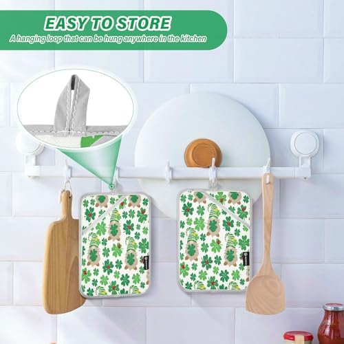 Lucky Green Clover Leaves with Gnomes Heat-Resistant Durable Oven Mitts