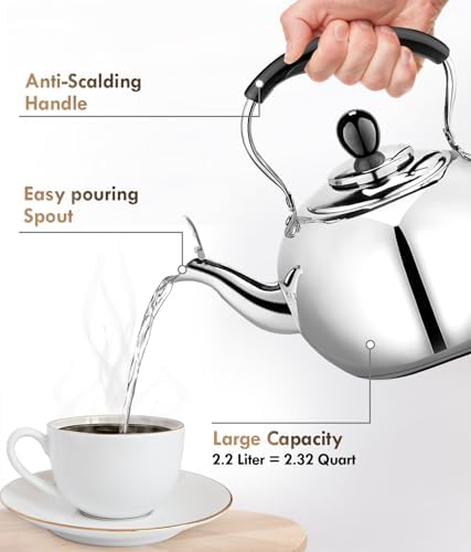 DCLOBTop 23 Quart Round Stovetop Tea Kettle with Silver Mirror Finish
