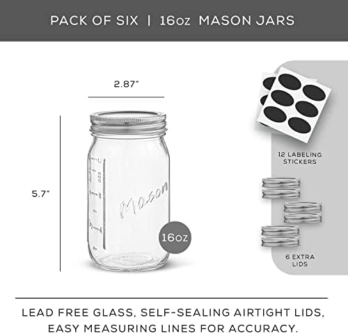 JoyJolt 16 oz Mason Jars 6-Pack