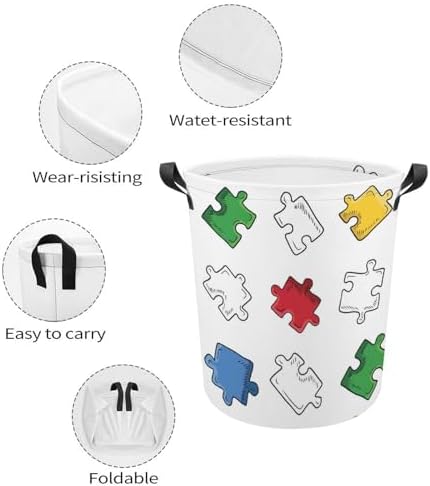 Bright Jigsaw Puzzle Pieces Laundry Hamper Waterproof Clothes Basket with Easy Carry Handles