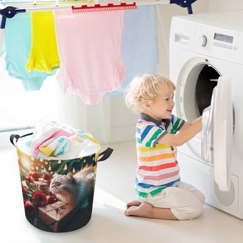 Waterproof and Cute Rose Raindrops Kittens Laundry Hamper with Easy Carry Handles
