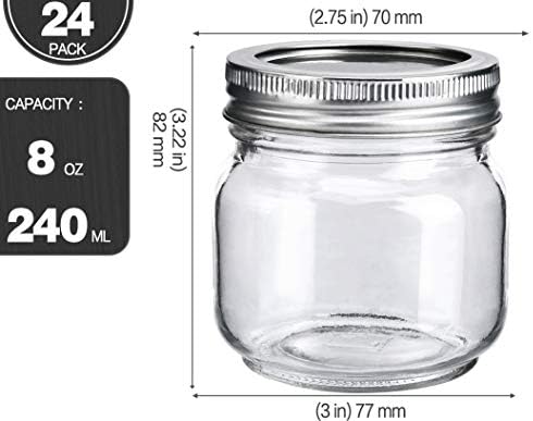 KAMOTA Mason Jars 8oz with Silver Lids 24pack