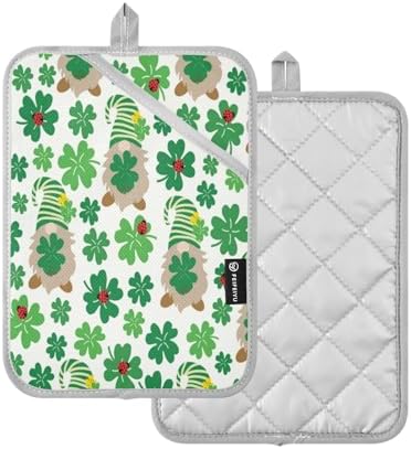 Lucky Green Clover Leaves with Gnomes Heat-Resistant Durable Oven Mitts