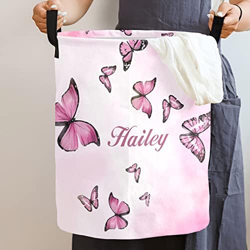 Pink Butterflies Personalized Waterproof Foldable Laundry Basket Bag with Handle