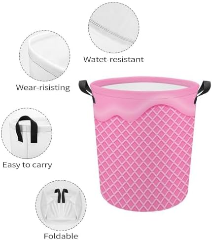 Pink Flowing Ice Cream Washable Laundry Hamper with Handles for Easy Access