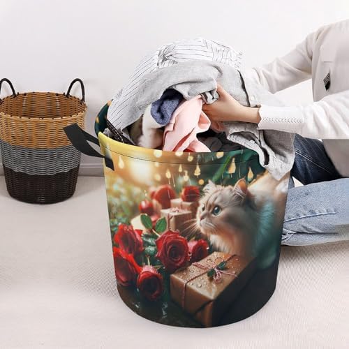Waterproof and Cute Rose Raindrops Kittens Laundry Hamper with Easy Carry Handles