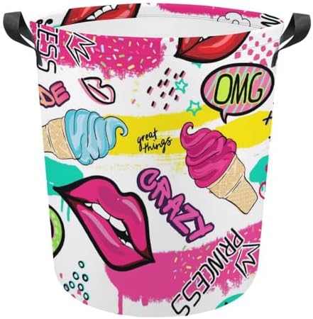 MEIKKO Cute Lips Stickers Laundry Hamper with Handles