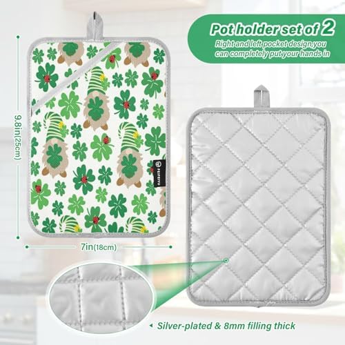 Lucky Green Clover Leaves with Gnomes Heat-Resistant Durable Oven Mitts