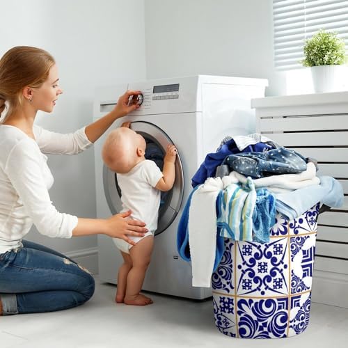 Blue Patchwork Tile Laundry Basket