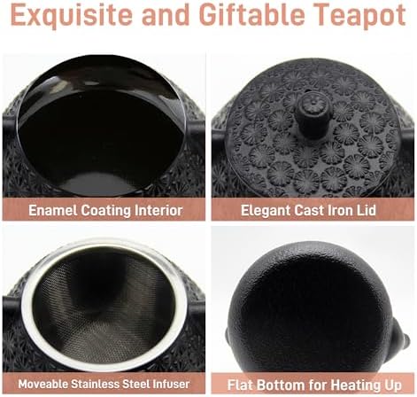 203oz Small Cast Iron Tea Kettle Sechudo Black Gerbera Pattern