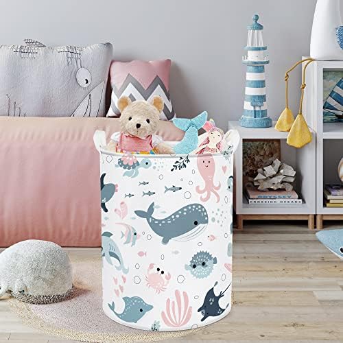 Clastyle Marine Animals Bubbles Kid Laundry Basket with Lid Foldable Pink Mermaid