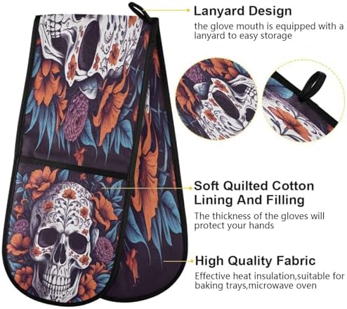 Halloween Floral Skull Skeleton Oven Mitts Heat Resistant Quteprint 35x7 inches
