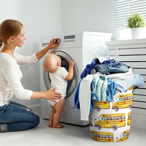 MEIKKO Cute Yellow Bus Laundry Hamper Waterproof Clothes Basket