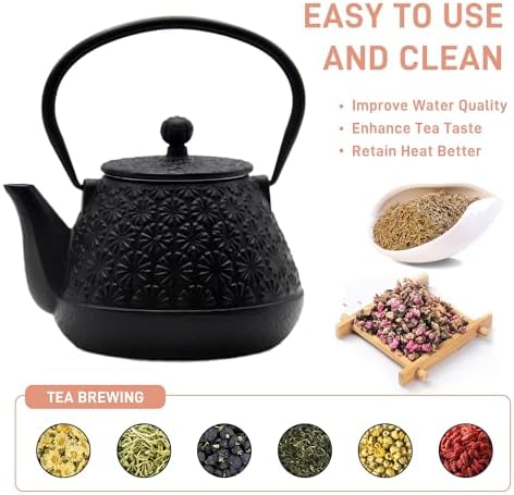 203oz Small Cast Iron Tea Kettle Sechudo Black Gerbera Pattern