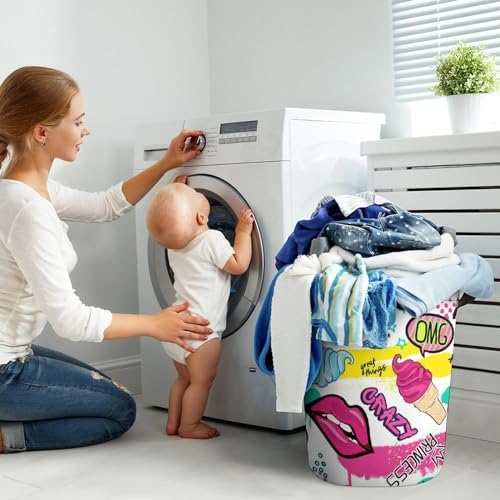 MEIKKO Cute Lips Stickers Laundry Hamper with Handles
