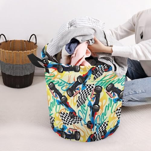 Racing Checkered Flag Waterproof Laundry Hamper Basket - Easy Carry Portable Storage