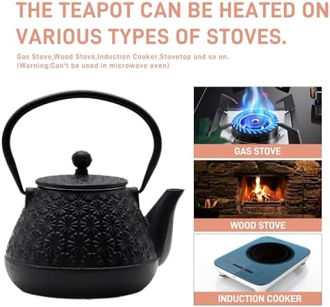 203oz Small Cast Iron Tea Kettle Sechudo Black Gerbera Pattern