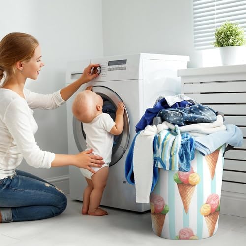 Cute Ice Cream Laundry Hamper Watercolor Blue Plaid