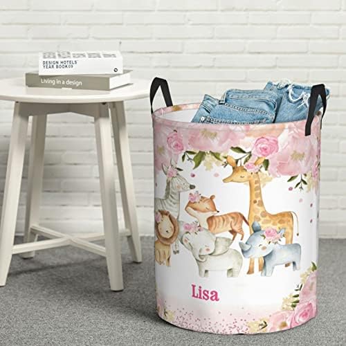 Custom Giraffe Lion Pink Flower Blanket Name Laundry Basket
