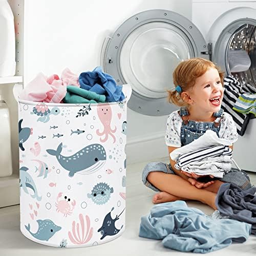 Clastyle Marine Animals Bubbles Kid Laundry Basket with Lid Foldable Pink Mermaid
