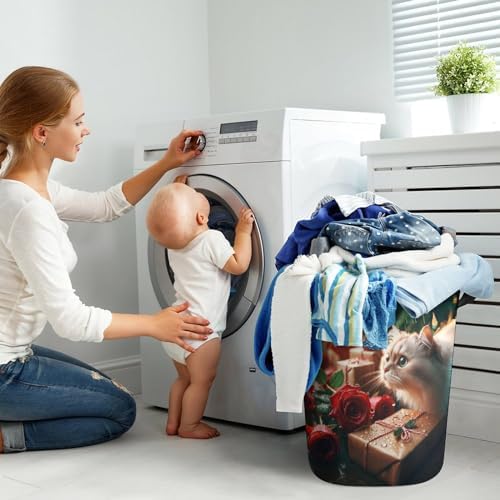 Waterproof and Cute Rose Raindrops Kittens Laundry Hamper with Easy Carry Handles
