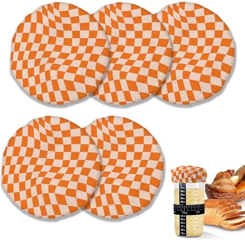Sourdough Starter Cloth Covers Jars Orange Chessboard Design 5 Pack