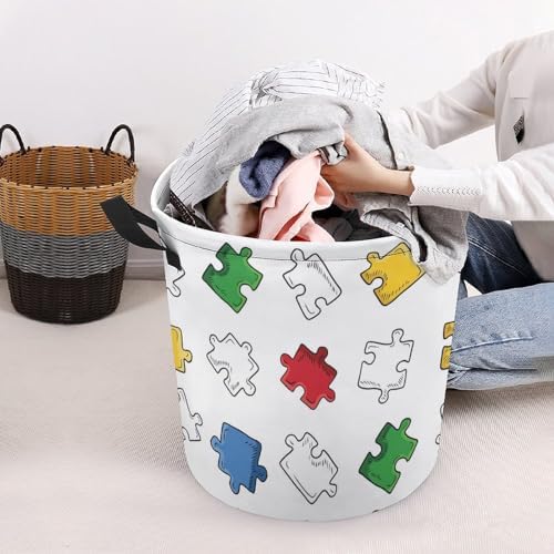 Bright Jigsaw Puzzle Pieces Laundry Hamper Waterproof Clothes Basket with Easy Carry Handles