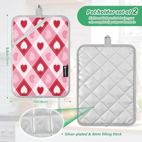 KCLDeci Hearts Plaid Heat Resistant Potholders Oven Mitts for Daily Use